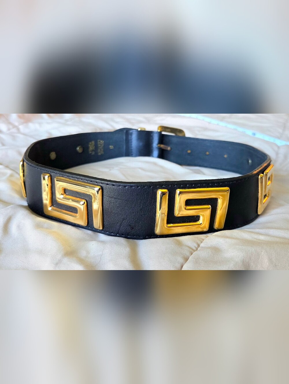 Vtg Y2K Express Compagnie Internationale Genuine Leather Greek Key Belt Black - Picture 4 of 16